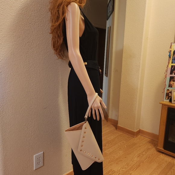 BMC Vegan Gold TONE Studded Two-Tone Cream and Caramel Clutch Wristlet EUC - Picture 8 of 16